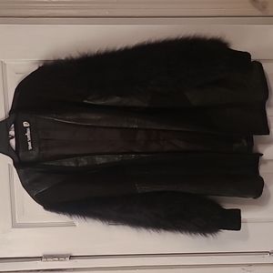 Oversized Vintage Genuine Leather and Suede Furry Sleeved Open Faced Jacket EUC